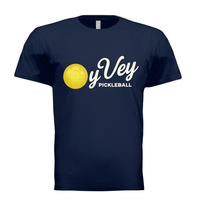 Navy blue t-shirt with yellow pickleball design and 'Oy Vey Pickleball' text on a white background