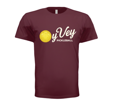 Maroon t-shirt with yellow pickleball design and 'Oy Vey Pickleball' text on a white background