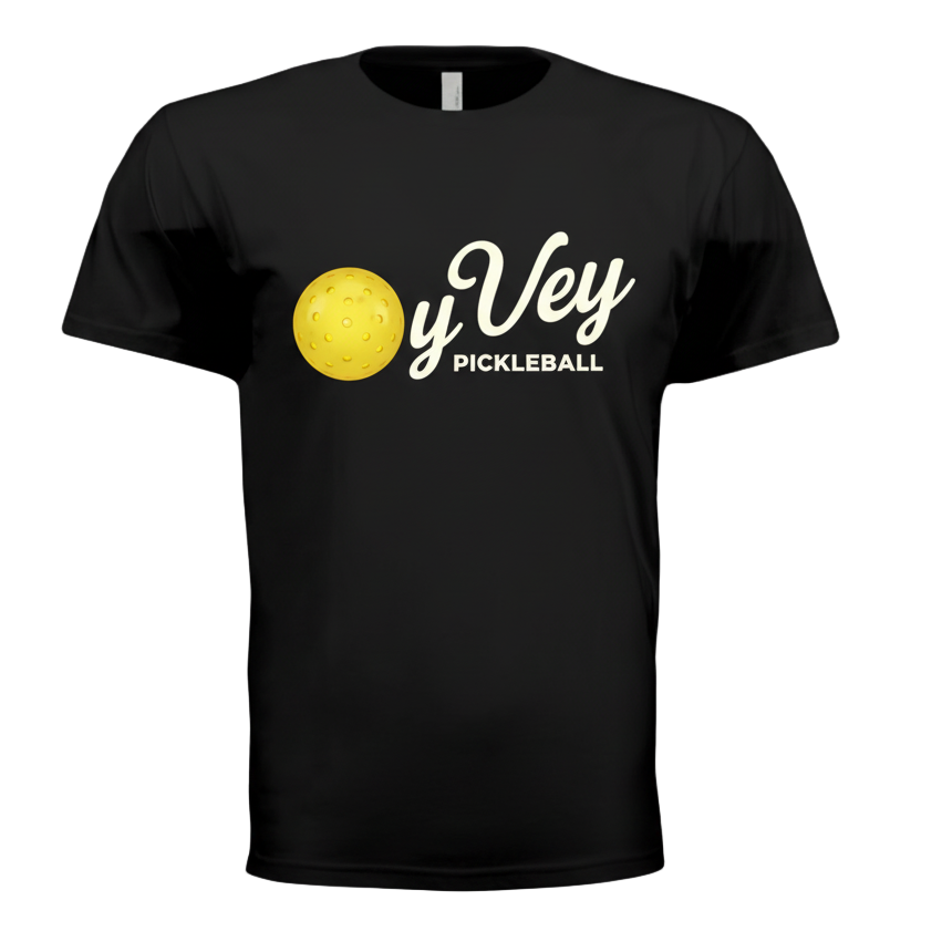Black t-shirt with a yellow pickleball graphic and 'oy Vey Pickleball' text on a white background