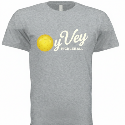 Gray t-shirt with a yellow pickleball design and 'Oy Vey Pickleball' text on a white background