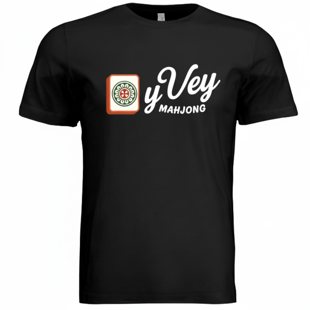 Black t-shirt with 'Oy Vey Mahjong' logo on a white background