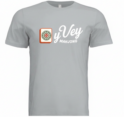 Gray t-shirt with 'Oy Vey Mahjong' logo on a white background