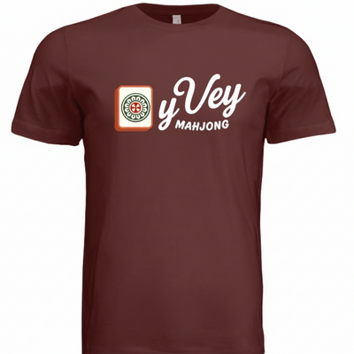 Maroon t-shirt with 'Oy Vey Mahjong' logo on a white background