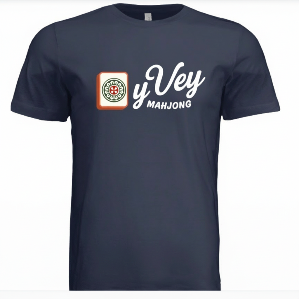 Navy blue t-shirt with 'Oy Vey Mahjong' logo on a white background