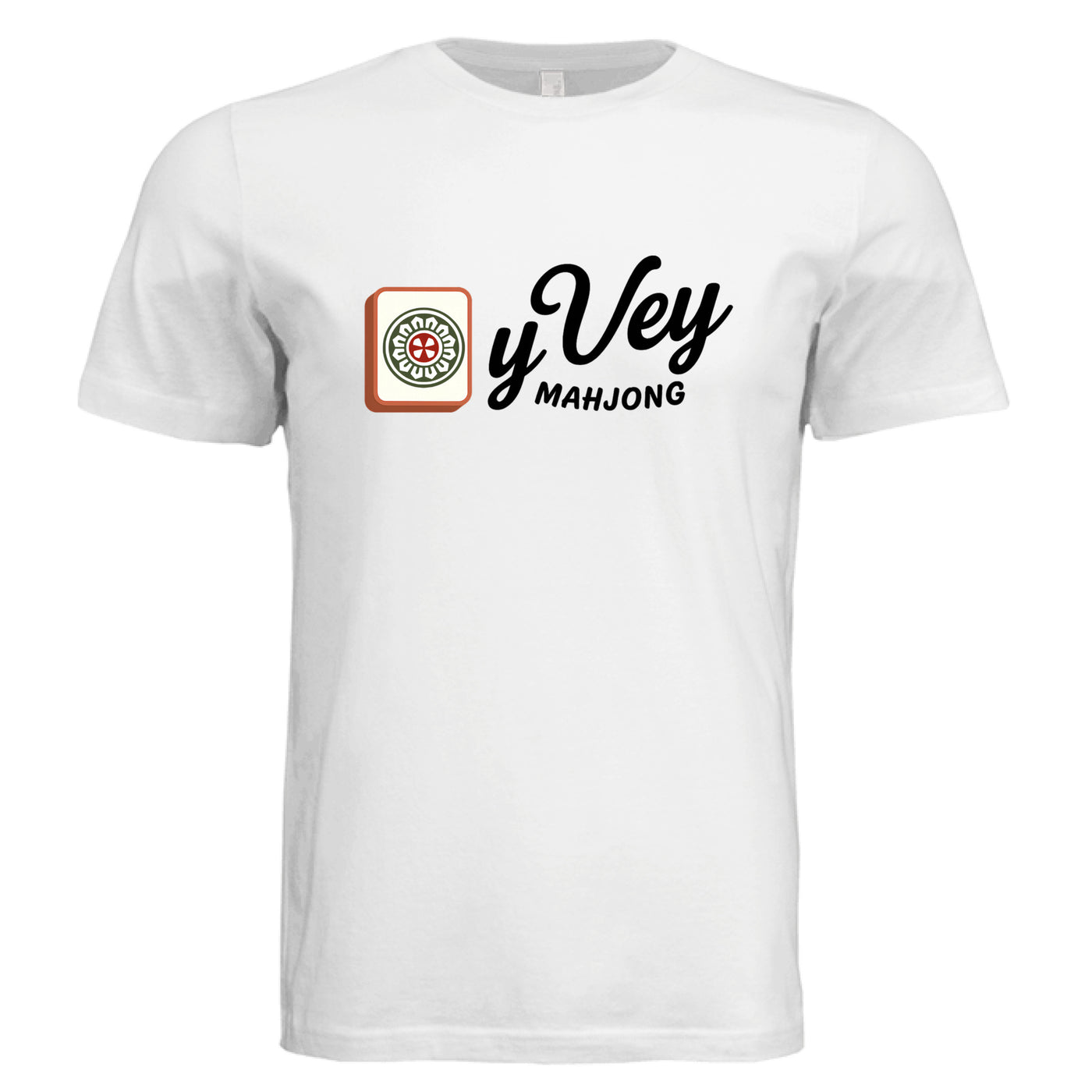 White  t-shirt with 'Oy Vey Mahjong' logo on a white background