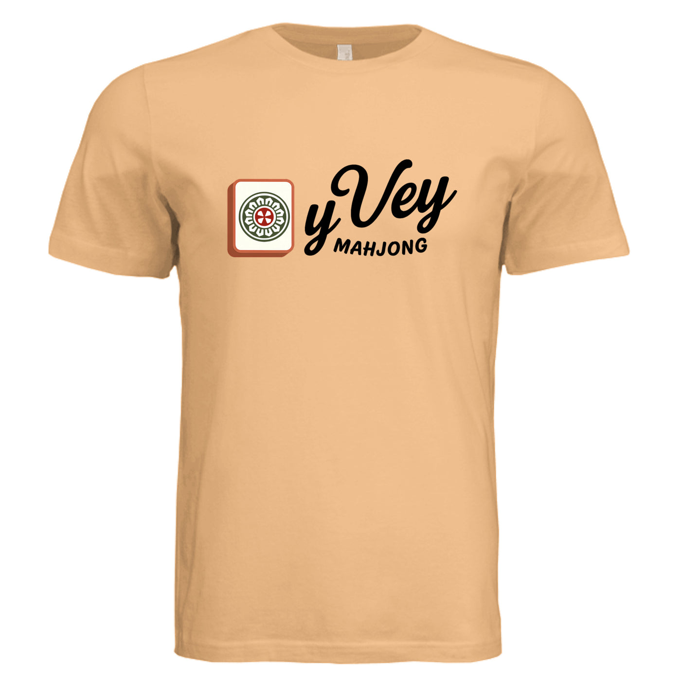 Peach t-shirt with 'Oy Vey Mahjong' logo on a white background