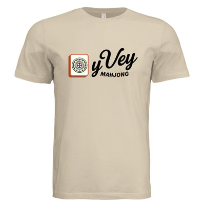 Cream  t-shirt with 'Oy Vey Mahjong' logo on a white background