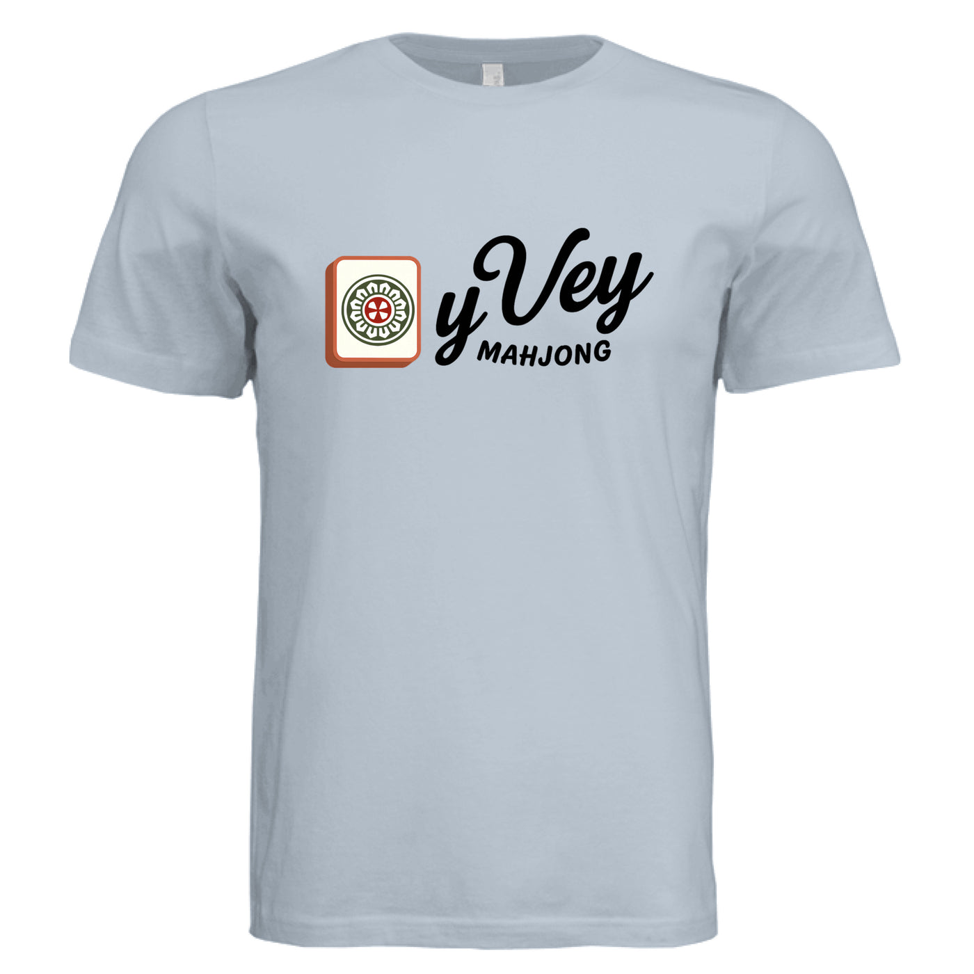 Carolina Blue t-shirt with 'Oy Vey Mahjong' logo on a white background