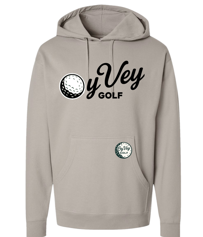 Beige hoodie with 'yVey Golf' logo on a white background
